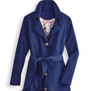NWT Totes indigo Blue Belted Trench Coat Classic Style with Silky Touch size M